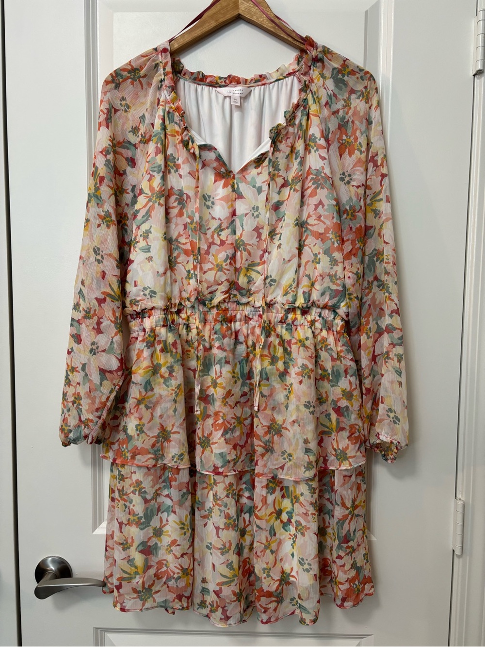 LC Lauren Conrad Peach Multicolor Floral Print Sheer Sleeve Dress, Size M